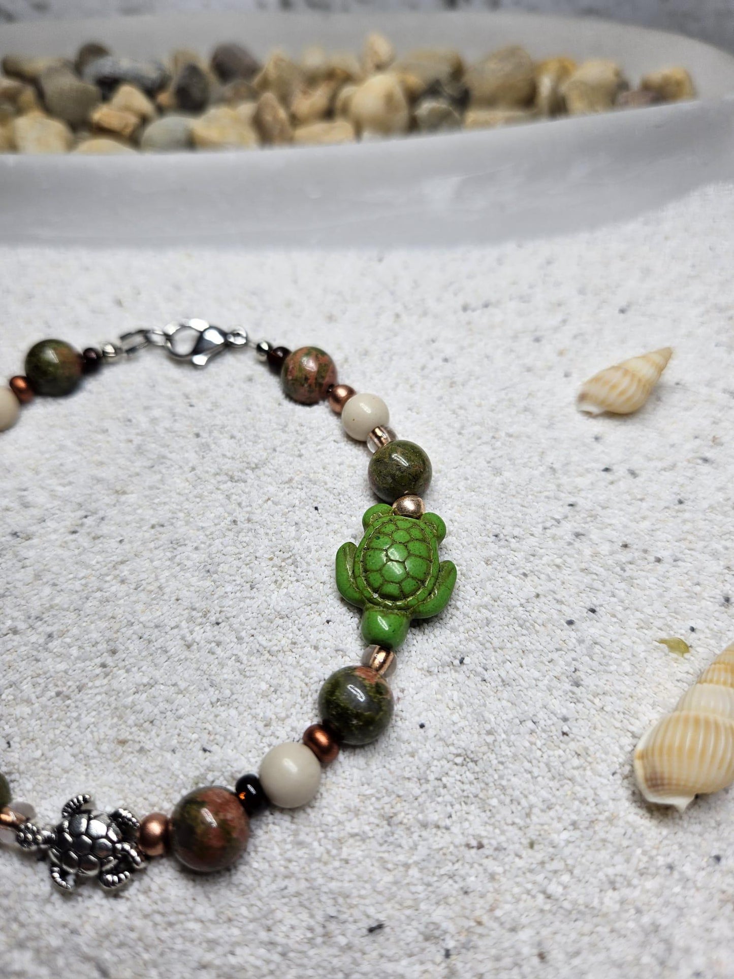 Handcrafted Unakite and Howlite Turtle Charm Bracelet | Grounding and Serenity Jewelry