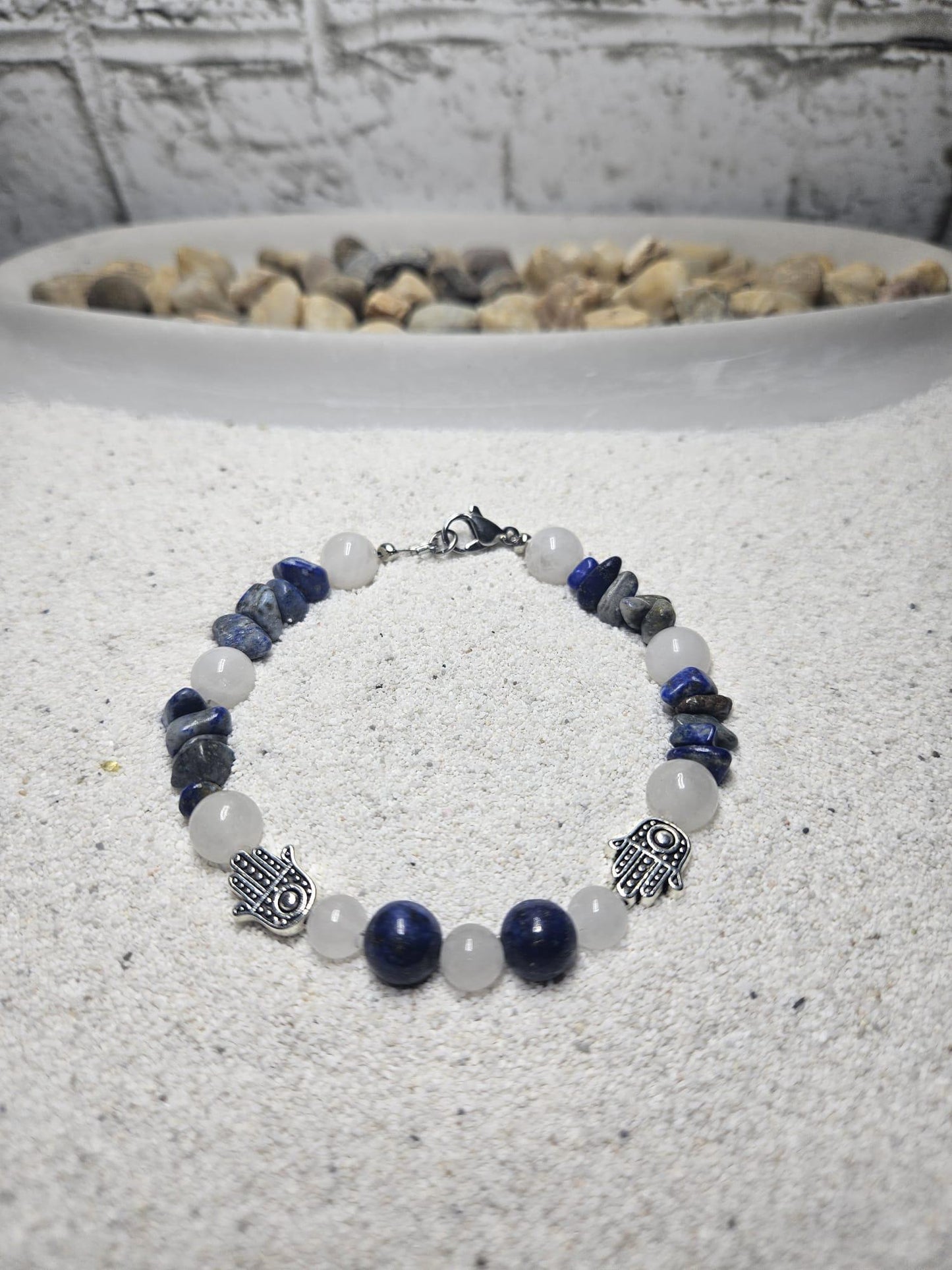 Handcrafted Lapis Lazuli and White Jade Hamsa Bracelet | Balance and Protection Jewelry