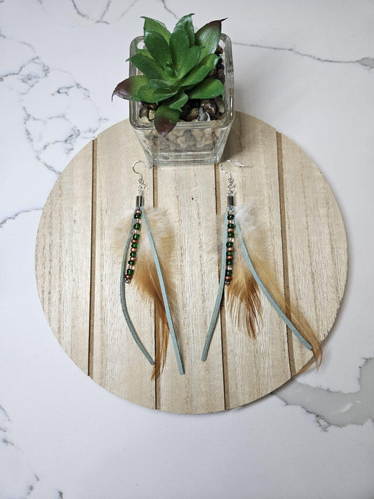 Handmade Feather and Leather Dangle Earrings | Boho Artisan Jewelry
