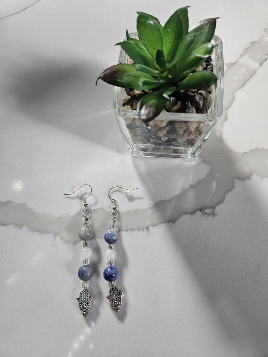 Handmade Lapis Lazuli and White Jade Dangle Earrings | Hamsa Hand Charm Jewelry