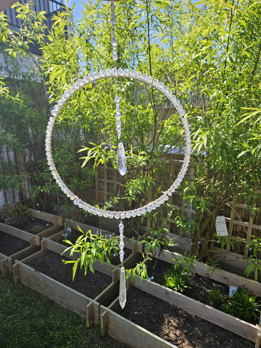 Handcrafted Crystal Glass Suncatcher | 8-Inch Silver Ring Hanging Décor
