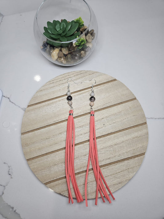 Handcrafted Copper Wire and Leather Earrings | Glaucophane and Pink Aventurine Jewelry