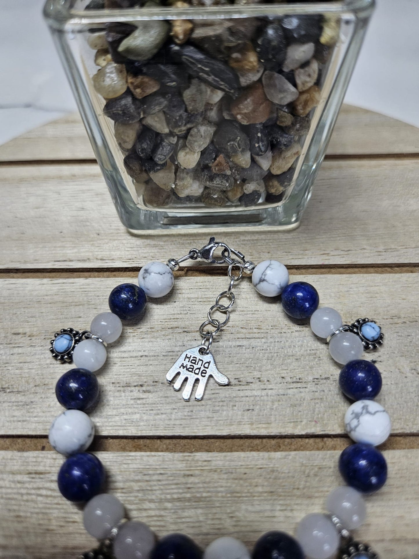 Lapis Lazuli, Howlite and White Jade Charm Bracelet | Handmade Crystal Energy Jewelry