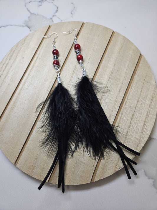 Handmade Wire-Wrapped Feather Earrings | Red Quartz and Hematite Jewelry